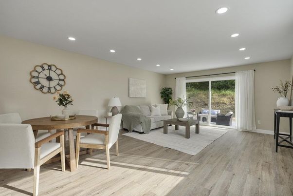 Dining room, Interior, Living room, Recessed Lighting, Wood Texture Flooring