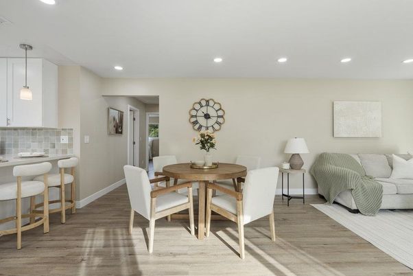 Dining room, Interior, Pendant Lights, Recessed Lighting, Wood Texture Flooring