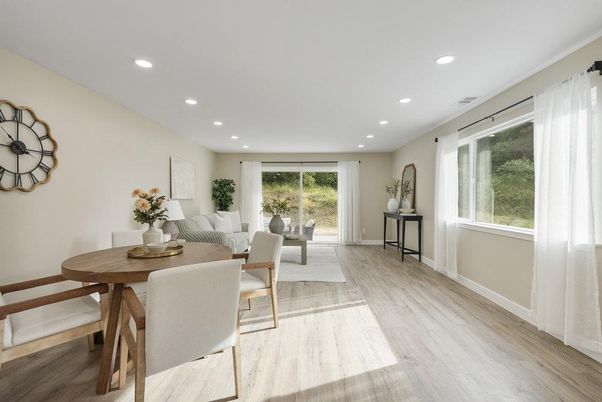 Dining room, Interior, Living room, Recessed Lighting, Wood Texture Flooring