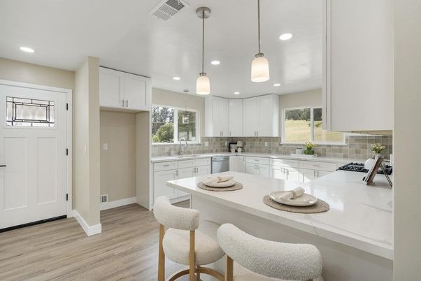 Interior, Kitchen, Pendant Lights, Recessed Lighting, Wood Texture Flooring