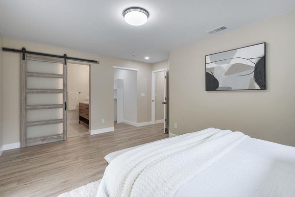 Bedroom, Interior, Recessed Lighting, Wood Texture Flooring