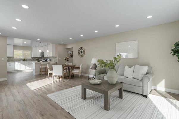 Dining room, Interior, Kitchen, Living room, Pendant Lights, Recessed Lighting, Wood Texture Flooring