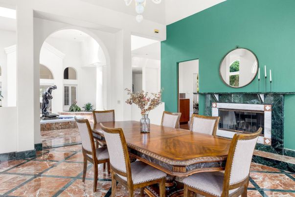 Dining room, Fireplace, Interior, Pendant Lights