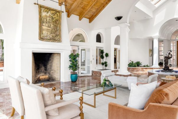 Fireplace, Interior, Living room, Recessed Lighting, Wooden Beams, Wooden Ceilings