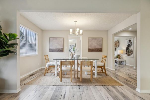 Chandelier, Dining room, Interior, Wood Texture Flooring