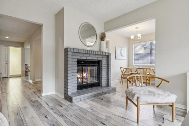Chandelier, Fireplace, Interior, Recessed Lighting, Wood Texture Flooring