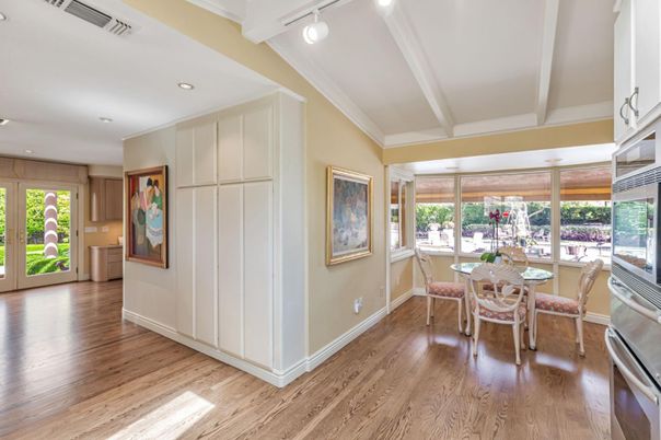Dining room, Interior, Recessed Lighting, Wood Texture Flooring