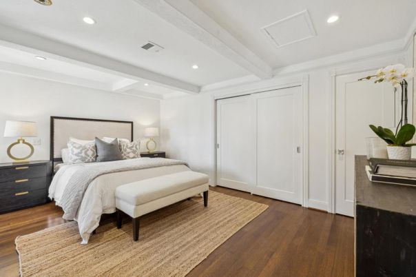Bedroom, Interior, Recessed Lighting, Wood Texture Flooring