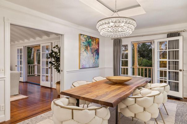 Chandelier, Dining room, Interior, Wood Texture Flooring