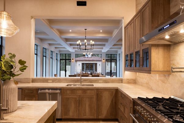 Chandelier, Fireplace, Interior, Kitchen, Pendant Lights, Recessed Lighting, Stainless Steel Appliances