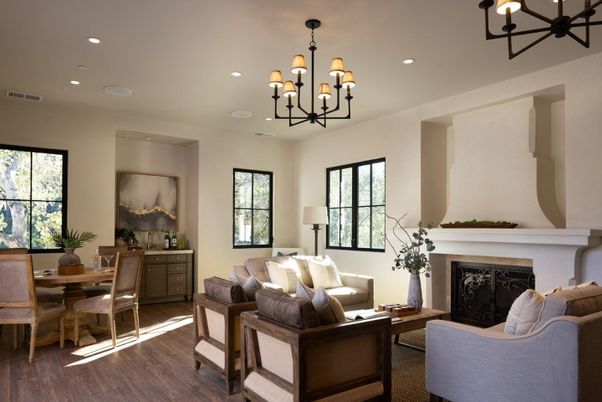Chandelier, Dining room, Fireplace, Interior, Living room, Recessed Lighting, Wood Texture Flooring