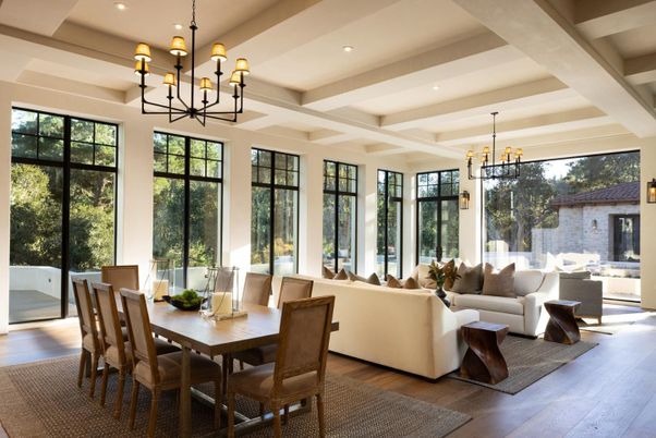 Chandelier, Dining room, Interior, Living room, Pendant Lights, Recessed Lighting, Wood Texture Flooring