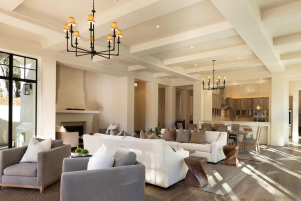 Chandelier, Dining room, Fireplace, Interior, Kitchen, Living room, Pendant Lights, Recessed Lighting, Wood Texture Flooring