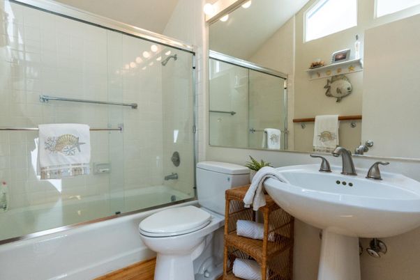 Bathroom, Glass Shower, Interior, Wood Texture Flooring