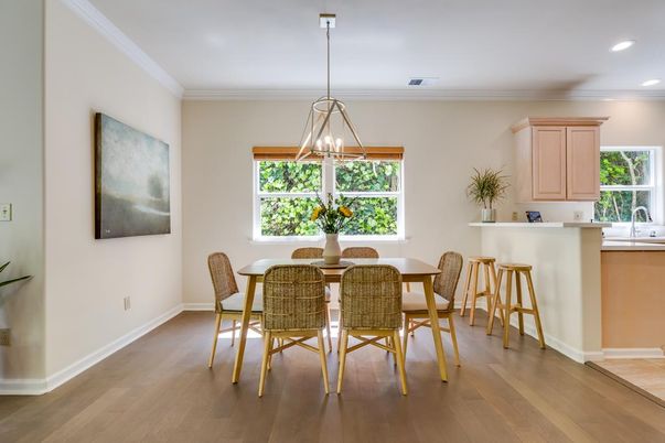 Dining room, Interior, Pendant Lights, Recessed Lighting, Wood Texture Flooring