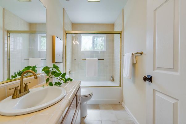 Bathroom, Glass Shower, Interior, Recessed Lighting, Tile Countertops
