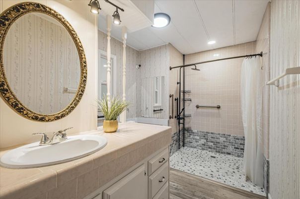 Bathroom, Dual Sink Vanities, Interior, Recessed Lighting, Wood Texture Flooring