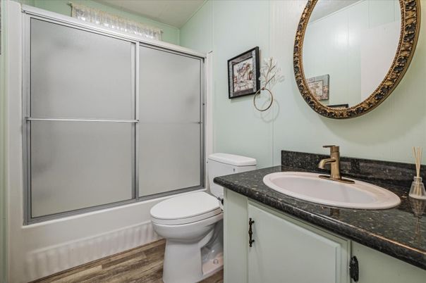 Bathroom, Glass Shower, Interior, Wood Texture Flooring