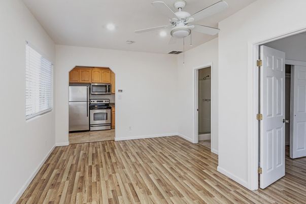 Empty room, Interior, Kitchen, Recessed Lighting, Stainless Steel Appliances, Wood Texture Flooring