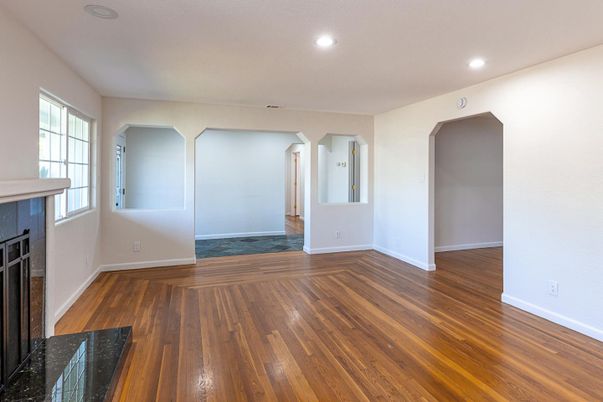 Empty room, Fireplace, Interior, Recessed Lighting, Wood Texture Flooring
