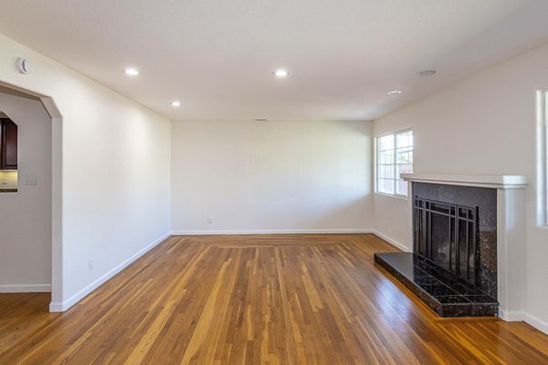 Empty room, Fireplace, Interior, Recessed Lighting, Wood Texture Flooring