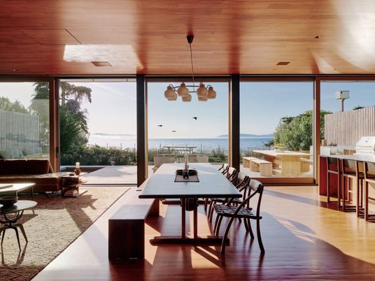 Dining room, Interior, Pendant Lights, Water, Wooden Ceilings, Wood Texture Flooring