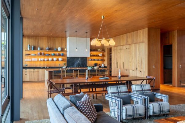 Dining room, Interior, Kitchen, Pendant Lights, Wooden Ceilings, Wood Texture Flooring, Wooden Walls