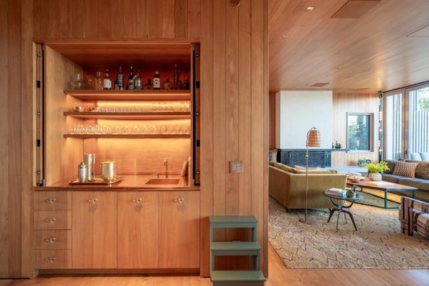 Interior, Living room, Recessed Lighting, Wooden Ceilings, Wood Texture Flooring, Wooden Walls