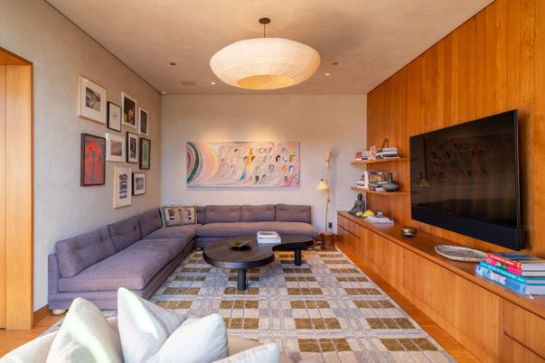 Interior, Living room, Pendant Lights, Recessed Lighting, Wooden Walls