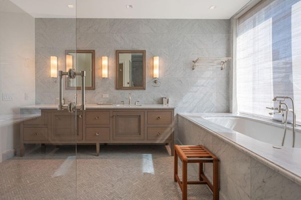 Bathroom, Dual Sink Vanities, Interior, Marble Walls, Recessed Lighting