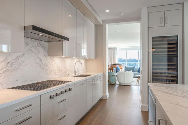Interior, Kitchen, Marble Walls, Recessed Lighting, Wood Texture Flooring