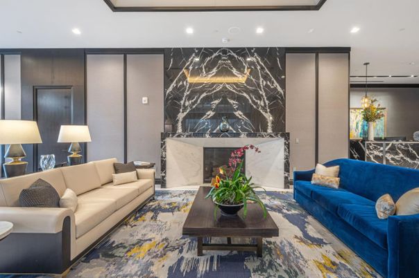 Fireplace, Interior, Living room, Marble Walls, Pendant Lights, Recessed Lighting