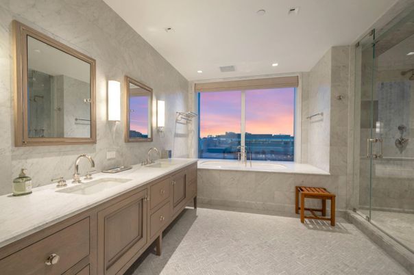 Bathroom, Dual Sink Vanities, Glass Shower, Interior, Marble Walls, Recessed Lighting