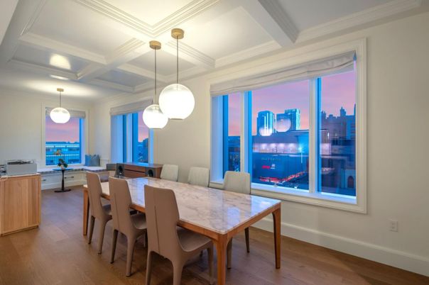Dining room, Interior, Pendant Lights, Recessed Lighting, Wood Texture Flooring