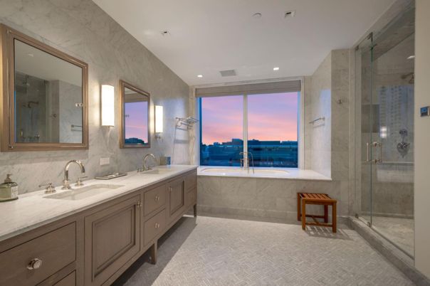 Bathroom, Dual Sink Vanities, Glass Shower, Interior, Marble Walls, Recessed Lighting
