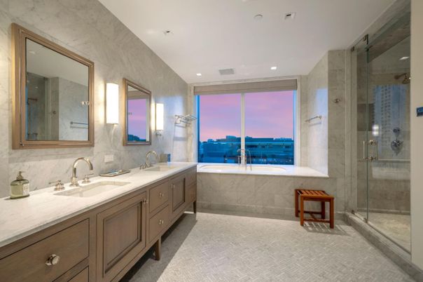 Bathroom, Dual Sink Vanities, Glass Shower, Interior, Marble Walls, Recessed Lighting, Water