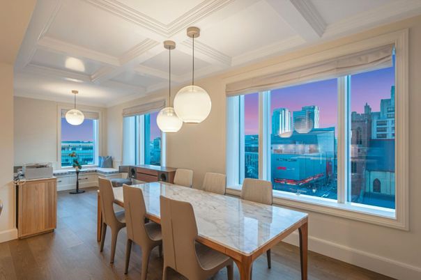 Dining room, Interior, Pendant Lights, Wood Texture Flooring