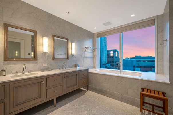 Bathroom, Dual Sink Vanities, Interior, Marble Walls, Recessed Lighting