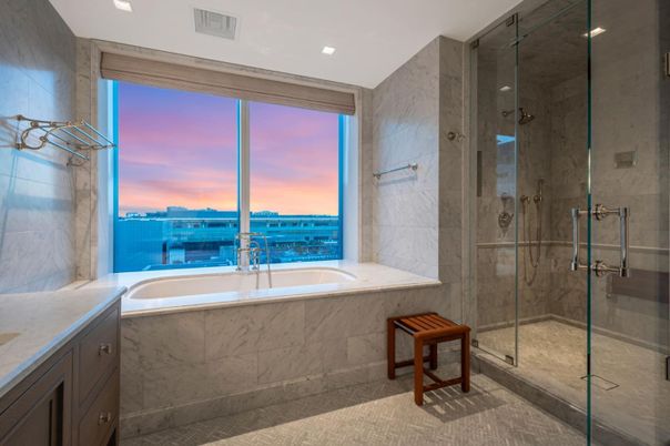 Bathroom, Glass Shower, Interior, Marble Walls, Recessed Lighting