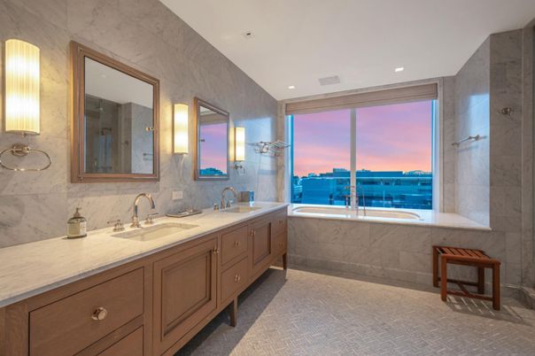 Bathroom, Dual Sink Vanities, Interior, Marble Walls, Recessed Lighting, Water
