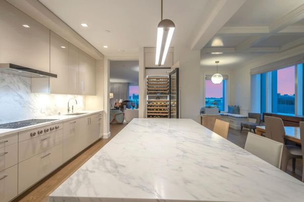 Dining room, Interior, Kitchen, Pendant Lights, Recessed Lighting, Wood Texture Flooring