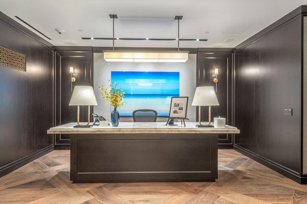 Home Office, Interior, Pendant Lights, Recessed Lighting, Wood Texture Flooring