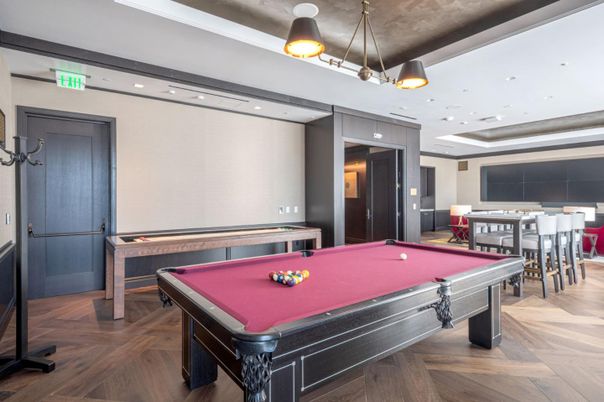 Billiard Table, Game Room, Interior, Pendant Lights, Recessed Lighting, Wood Texture Flooring