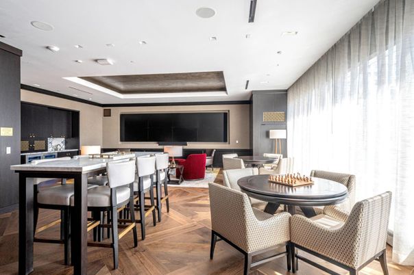 Dining room, Interior, Living room, Recessed Lighting, Wood Texture Flooring