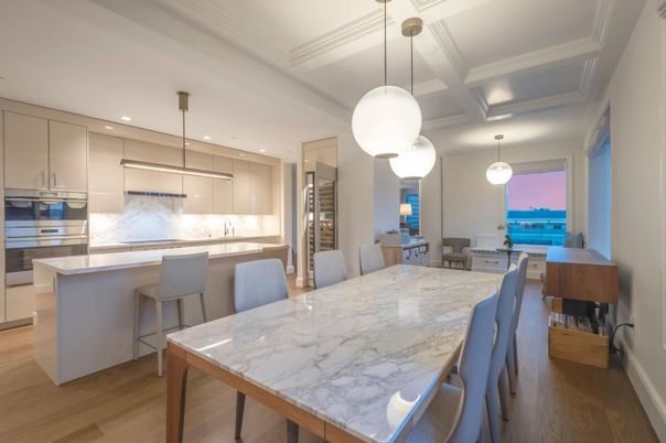 Dining room, Interior, Kitchen, Pendant Lights, Recessed Lighting, Stainless Steel Appliances, Wood Texture Flooring