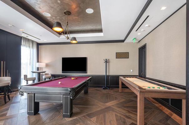 Billiard Table, Game Room, Interior, Pendant Lights, Recessed Lighting, Wood Texture Flooring