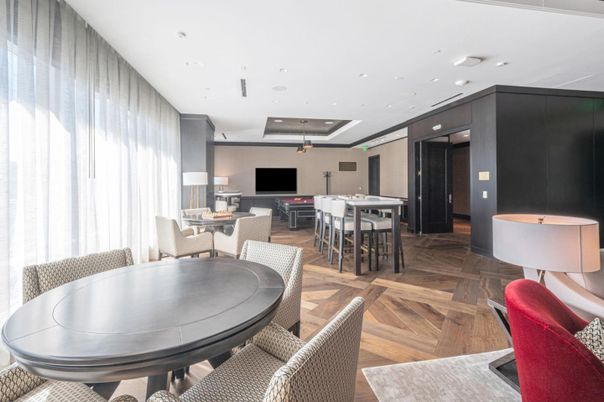 Dining room, Interior, Living room, Pendant Lights, Recessed Lighting, Wood Texture Flooring
