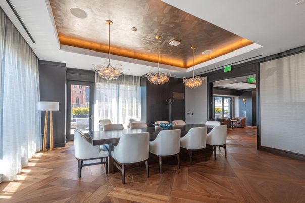 Chandelier, Dining room, Interior, Pendant Lights, Recessed Lighting, Wood Texture Flooring