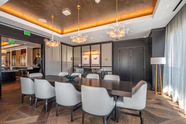Chandelier, Dining room, Interior, Pendant Lights, Recessed Lighting, Wood Texture Flooring