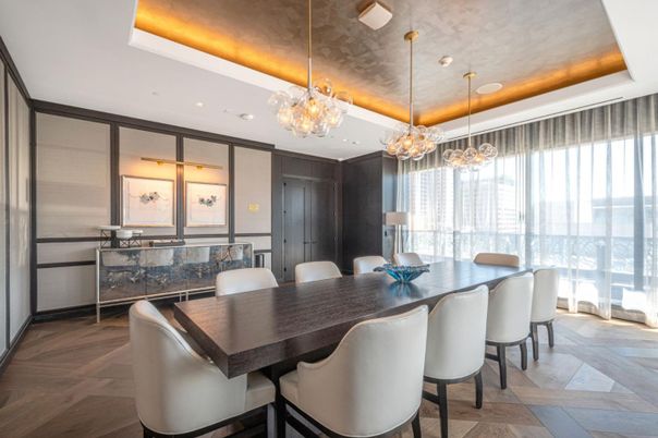 Chandelier, Dining room, Interior, Pendant Lights, Recessed Lighting, Wood Texture Flooring